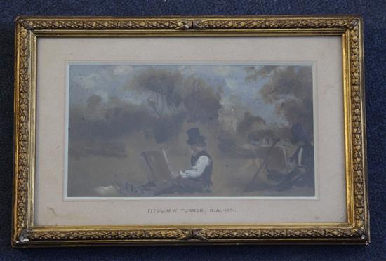 Circle of J.M.W.Turner Artists sketching in a landscape, a study of a rabbit seller verso 4 x 7.5in.